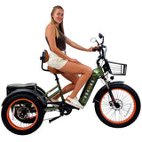 The Army Green 3SCORE Electric Trike is trail-ready with fat tires, differential axle, and power control