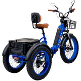 3SCORE Rear Drive Electric Trike in Electric Blue, foldable frame for healthy aging and mobility support.
