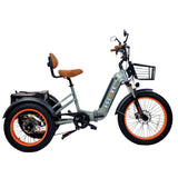 Smooth and stable Luxury Gray 3SCORE Electric Trike with rear motor, fat tires, and suspension-ready frame