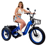 Electric Blue 3SCORE Electric Trike with comfort seat, ideal for boomer fitness and long rides.