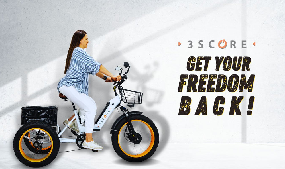 electric folding tricycle white luxury for the woman on top, urban electric trike bike for adults with 40 miles range and a smooth ride mixing dual suspension, extra cushioned big brown seat and 24 inches fat tires. Motorized trike for woman.