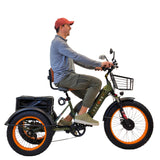 Side view image of a man riding the 3SCORE Hunter Edition Dual Battery foldable etrike with fat tires, showcasing its robust design. This fat wheel electric tricycle offers stability and comfort, making it an ideal choice for urban commuting and leisurely rides. Experience the convenience and reliability of this e-tricycle with fat tires, designed to tackle various terrains with ease