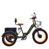 Image of the side view of the 3SCORE Hunter Edition Dual Battery foldable e-trike with fat tires, showcasing its sleek design. Ideal for urban commuting, this electric trike bicycle for adults offers stability and convenience. Perfect for seniors seeking an e-trike bicycle for adults experience.