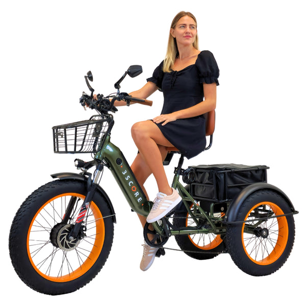 3SCORE EXCLUSIVE EDITION MIA Double Battery Electric Folding Tricycle for Adults with Fat Tires - 750W Motor and Dual 48V Batteries - Rear Etrike Fenders Included - Hunter Edition