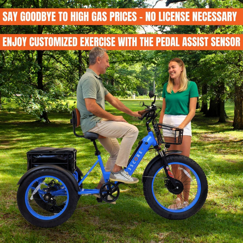 3SCORE MIA Electric Folding Tricycle for Adults with Fat Tires - 750W Motor and 48V Battery - Electric Blue