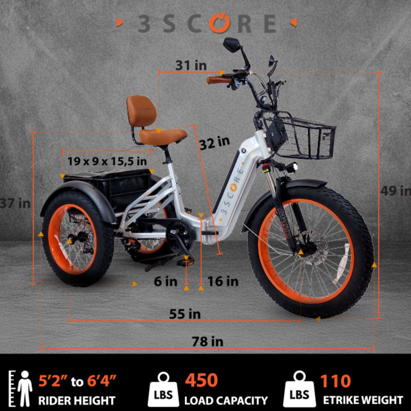 3SCORE Rear Drive Electric Trike dimensions when fully unfolded, showing length, width, and height for storage and riding space reference.