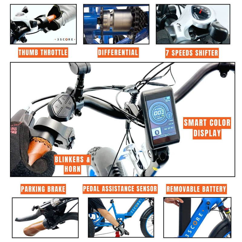 3SCORE MIA Electric Folding Tricycle for Adults with Fat Tires - 750W Motor and 48V Battery - Electric Blue