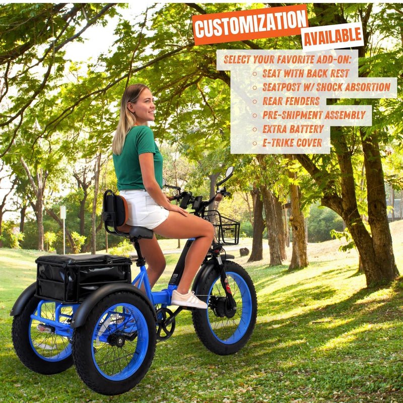 3SCORE MIA Electric Folding Tricycle for Adults with Fat Tires - 750W Motor and 48V Battery - Electric Blue