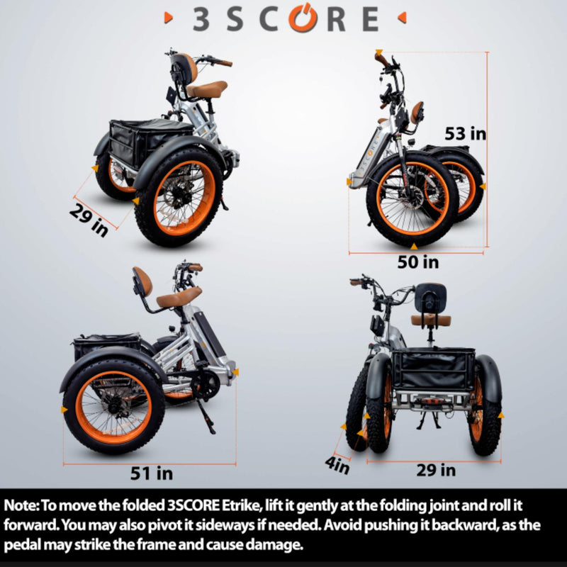 3SCORE Rear Drive Electric Trike dimensions when folded, displaying compact size for transport and easy storage in tight spaces.