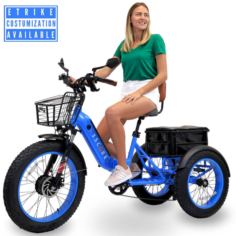 3SCORE MIA Electric Folding Tricycle for Adults with Fat Tires - 750W Motor and 48V Battery - Electric Blue