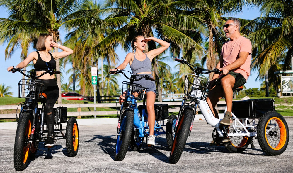 2 women and a man on two electric tricycles with palm trees in the background. The colors of the fat tires etrikes are Electric Blue, Luxury Gray and Royal White.