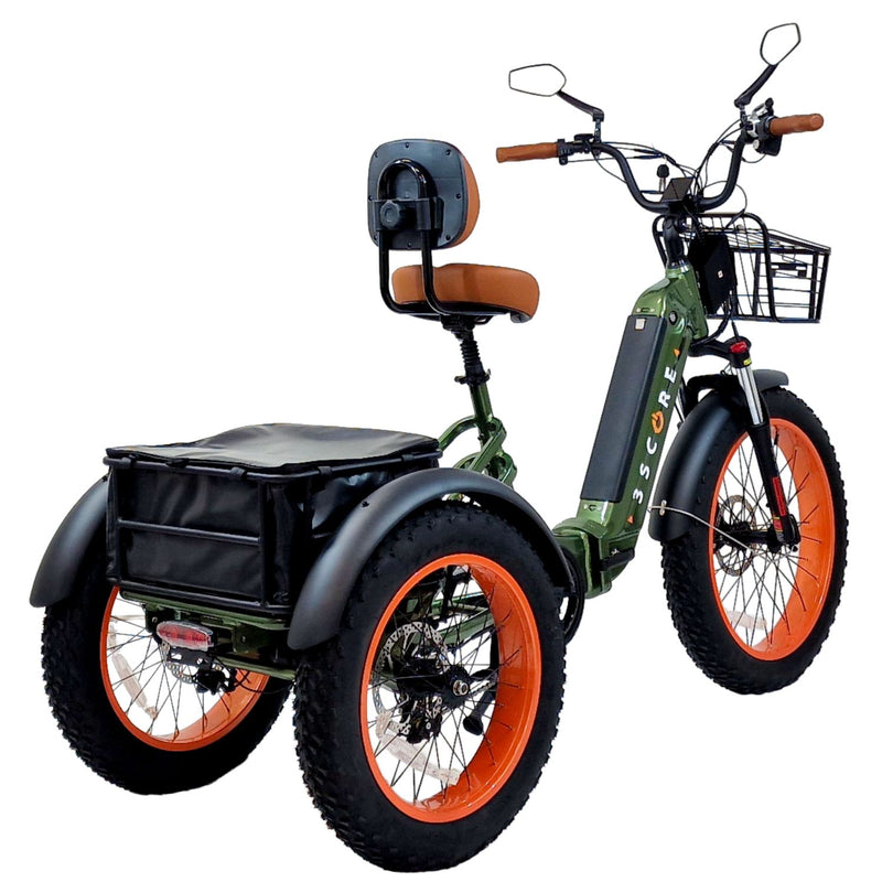 Army Green 3SCORE Etrike features rear axle differential for safe, stable cornering and u-turns