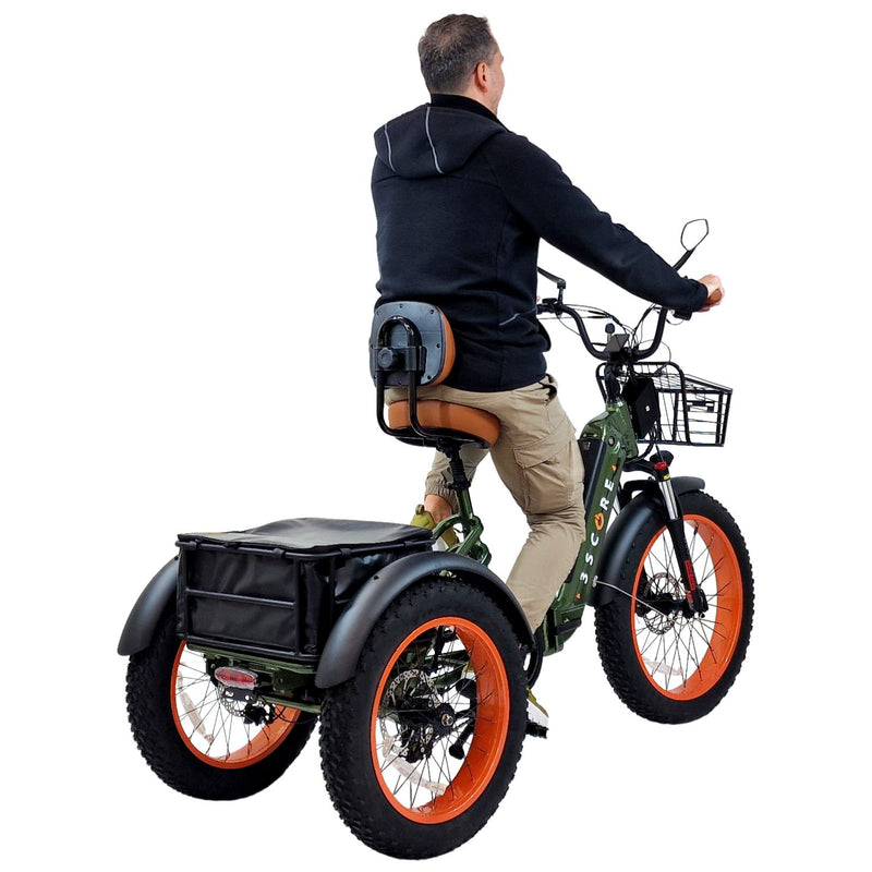 Rugged frame and rear drive motor make the Army Green 3SCORE Etrike ideal for reliability and power