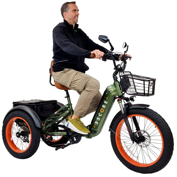 3SCORE Rear Drive Electric Trike in Army Green with high-torque motor and veteran-friendly design