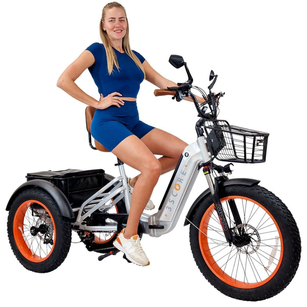 Metallic Silver 3SCORE Rear Drive Electric Trike with powerful motor and smooth acceleration