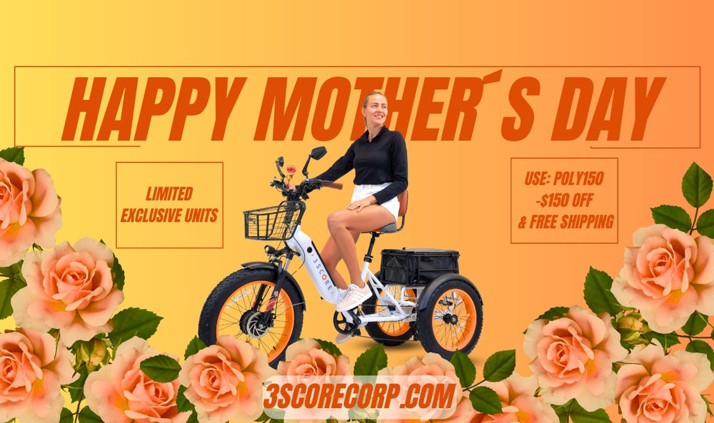 The image shows a lovely girl seated on a white, single-battery folding electric tricycle with fat tires. The background features yellow roses along the edges.