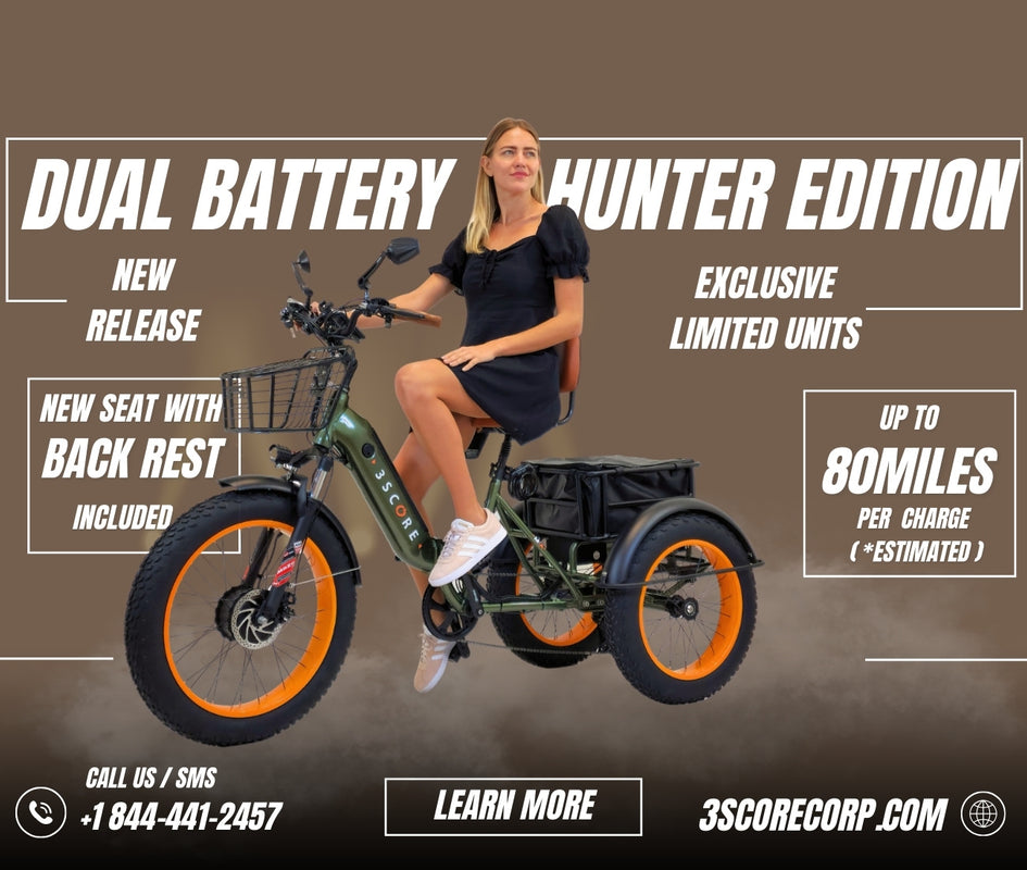 Image featuring a woman riding the 3SCORE Hunter Edition Dual Battery foldable e-trike with fat tires, showcasing its versatility. This electric bike with 3 wheels for adults is foldable, making it convenient for transportation and storage. Also referred to as a three-wheeled e-bicycle or an etrike bike for seniors, this three-wheeler electric bicycle is suitable for adults seeking stability and comfort during rides.