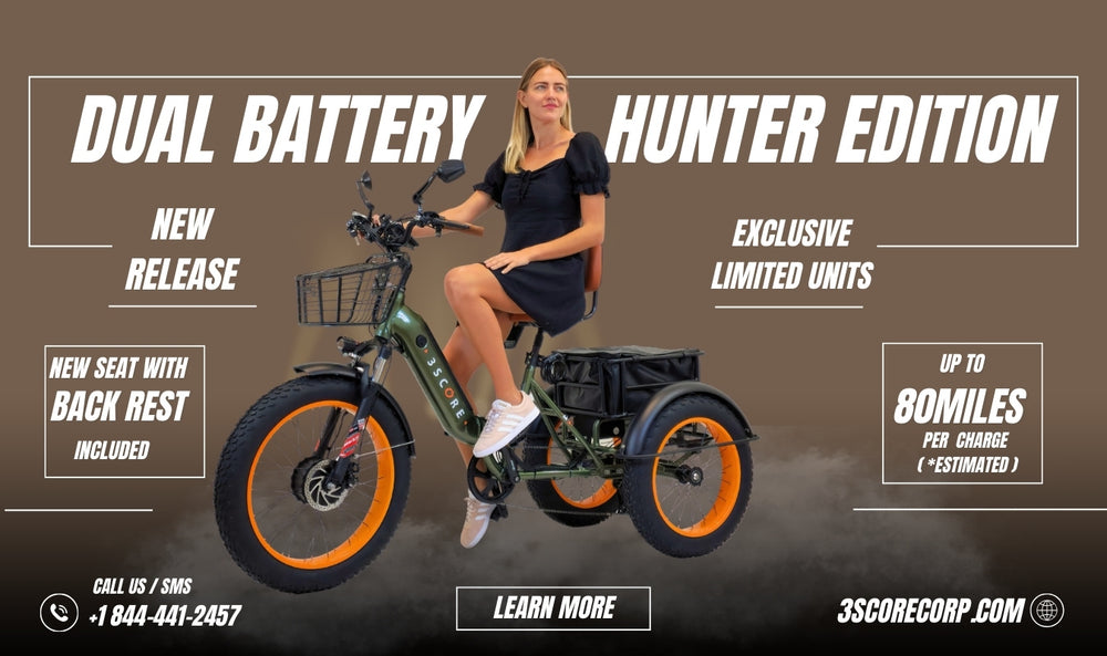 Image of a woman gracefully riding the 3SCORE Hunter Edition Dual Battery foldable e-trike with fat tires, showcasing its ergonomic design. This electric trike bicycle for adults, also known as an e-trike bike for adults or three-wheeled ebicycle, offers stability and convenience, catering to seniors seeking an e-trike bicycle for adults experience.