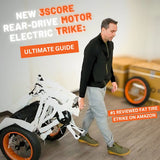 3SCORE Rear Drive Motor Ultimate Assembly and First Steps Guide showing step-by-step setup, adjustments, and riding tips for your electric trike.