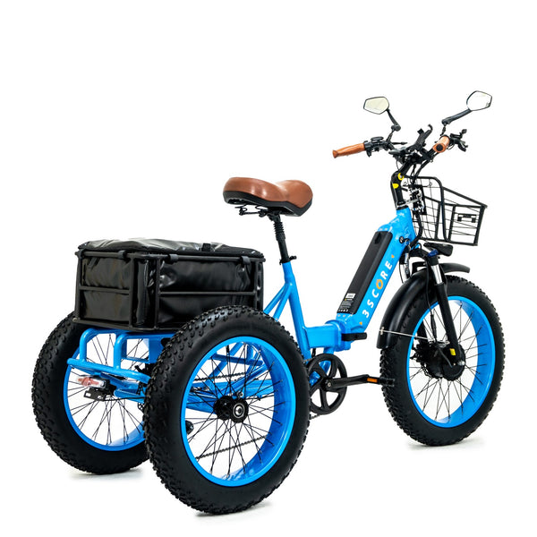 3SCORE blue electric trike from the back rear wheels detail